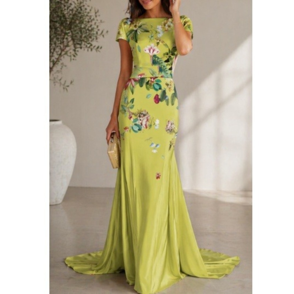 Fehaute Women's Yellow Floral Print Slit Cap Sleeve A-Line Prom Dress Size S NWT
